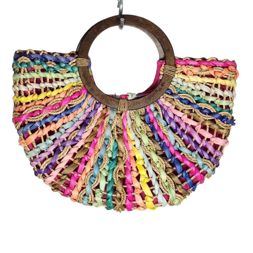 Multicolor Straw Wood Handle Purse Women Handbag.